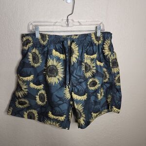 H&M Swim Trunks Mens XL Green Mesh Lined Bathing Suit Shorts Sunflowers